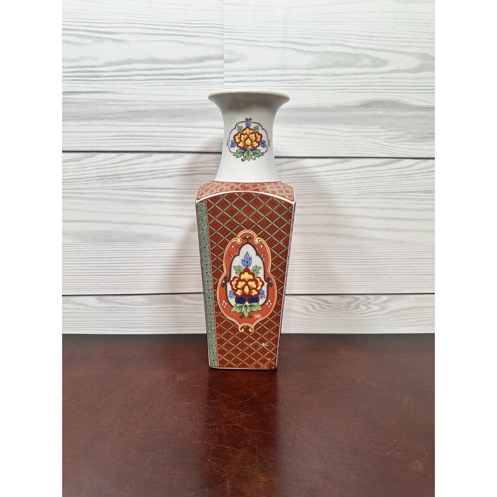 Asahi Sato Gordon Collection Porcelain Vase 10in Blue Red Floral‎ Bird Japan